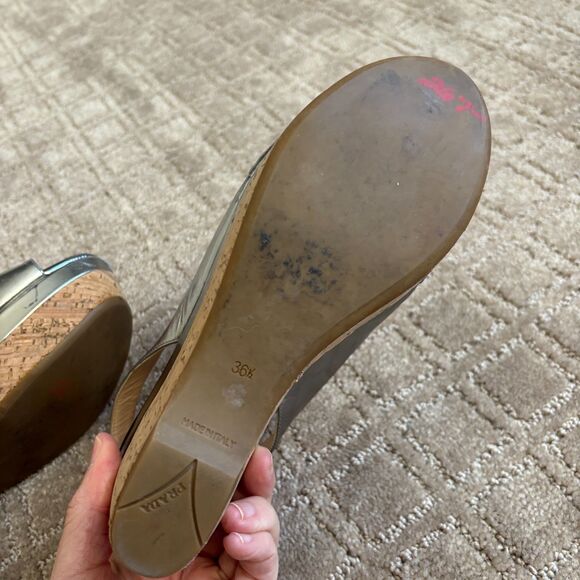 Prada Patent Leather Slingback Platform Wedge Sandal Womens 36.5 Silver Peeptoe - Picture 12 of 14